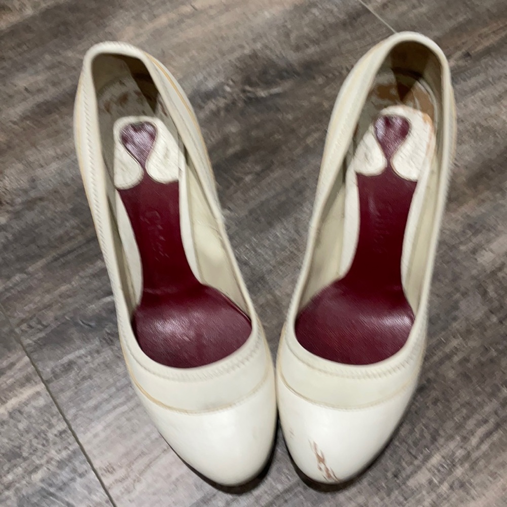 CHLOE leather round toe pumps Covered platform/brown wood chunky heels